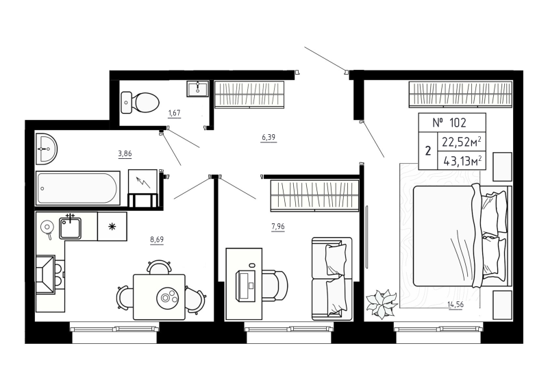 2-комнатная квартира, 43.13 м² в ЖК "Аннино Сити" - планировка, фото №1