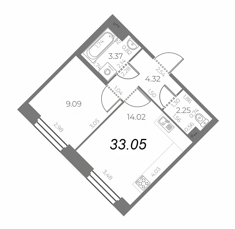 1-комнатная квартира, 33.05 м² - планировка, фото №1