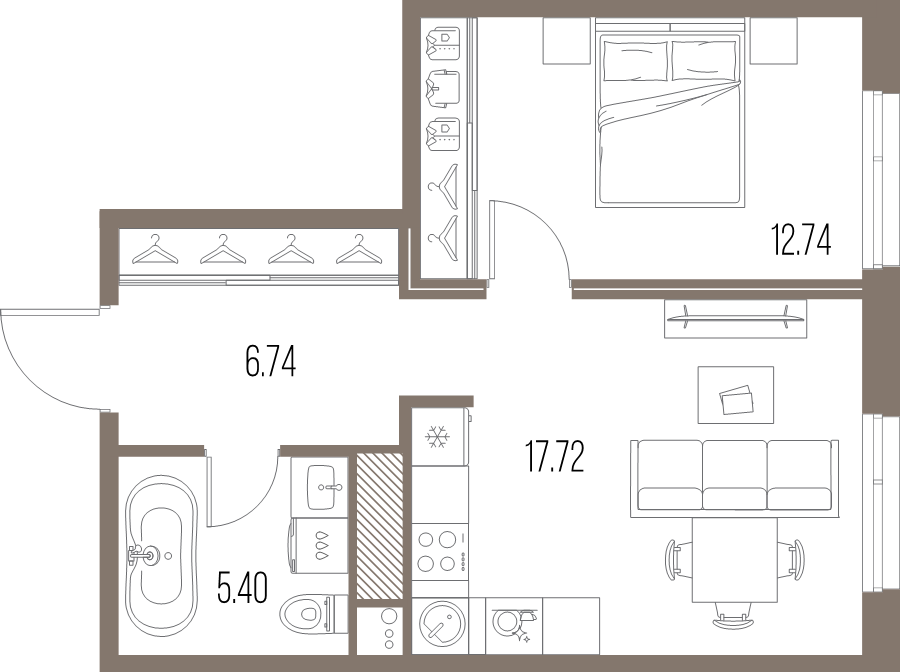 2-комнатная (Евро) квартира, 42.6 м² в ЖК "Legenda Васильевского" - планировка, фото №1