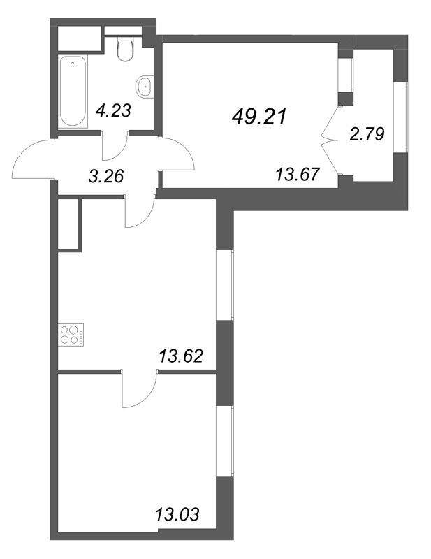 2-комнатная квартира, 49.21 м² в ЖК "Цивилизация на неве" - планировка, фото №1