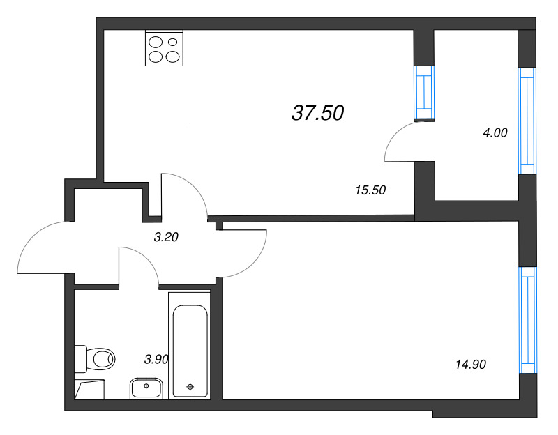 2-комнатная (Евро) квартира, 37.5 м² - планировка, фото №1