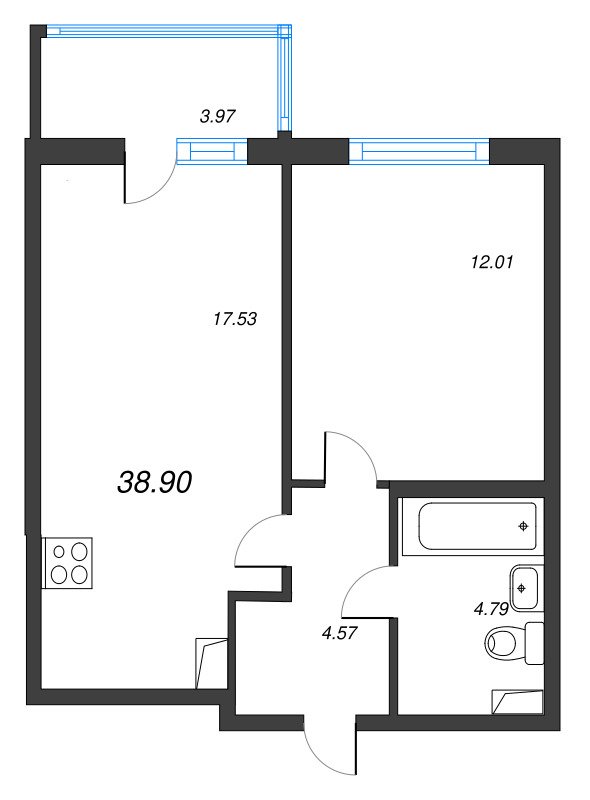 1-комнатная квартира, 38.9 м² в ЖК "Ясно.Янино" - планировка, фото №1
