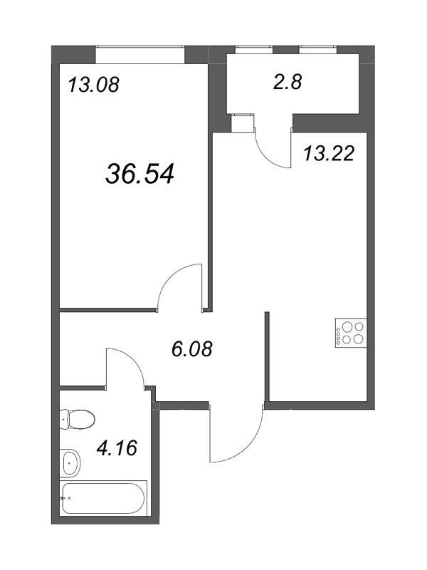 1-комнатная квартира, 36.54 м² - планировка, фото №1