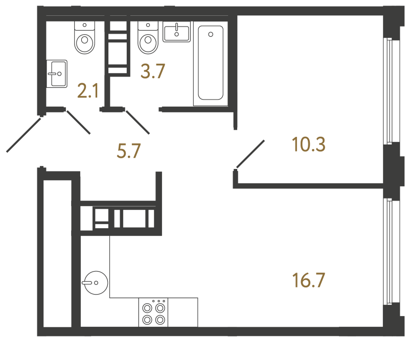 2-комнатная (Евро) квартира, 38.5 м² в ЖК "Гений" - планировка, фото №1
