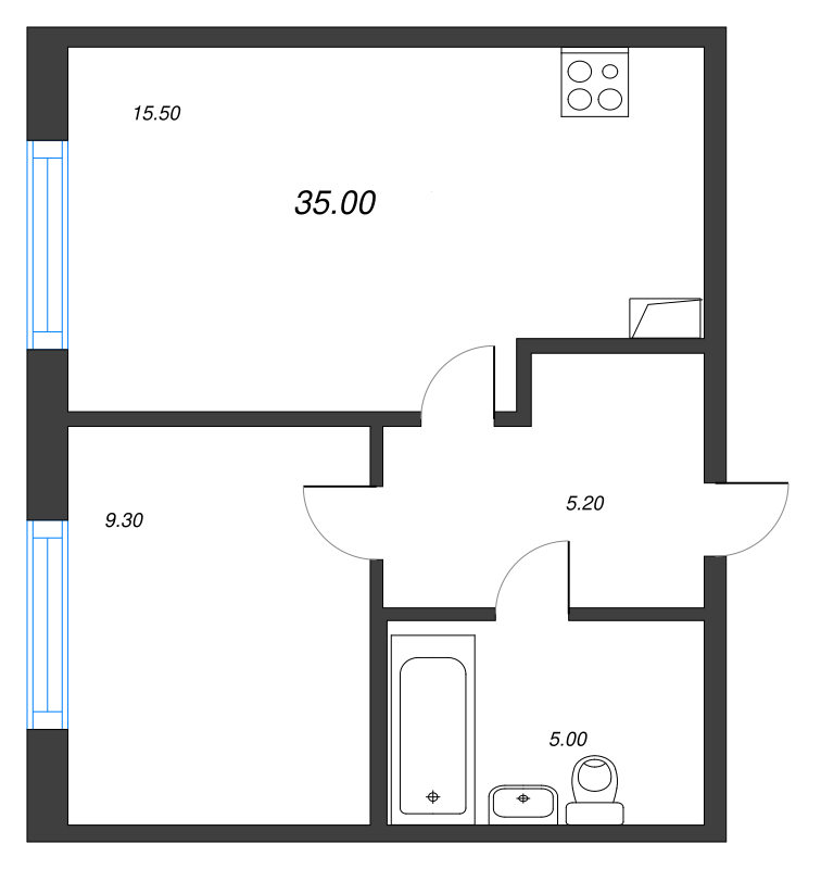 1-комнатная квартира, 35.1 м² - планировка, фото №1