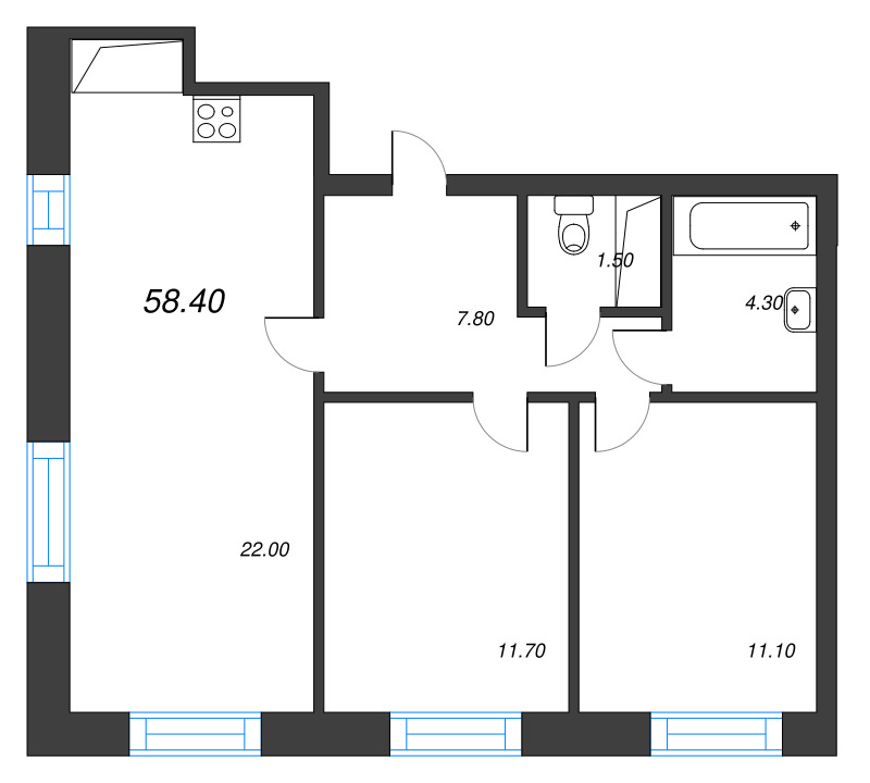 3-комнатная (Евро) квартира, 58.4 м² - планировка, фото №1