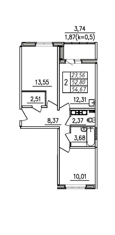 2-комнатная квартира, 54.67 м² в ЖК "Меридиан Шушары" - планировка, фото №1