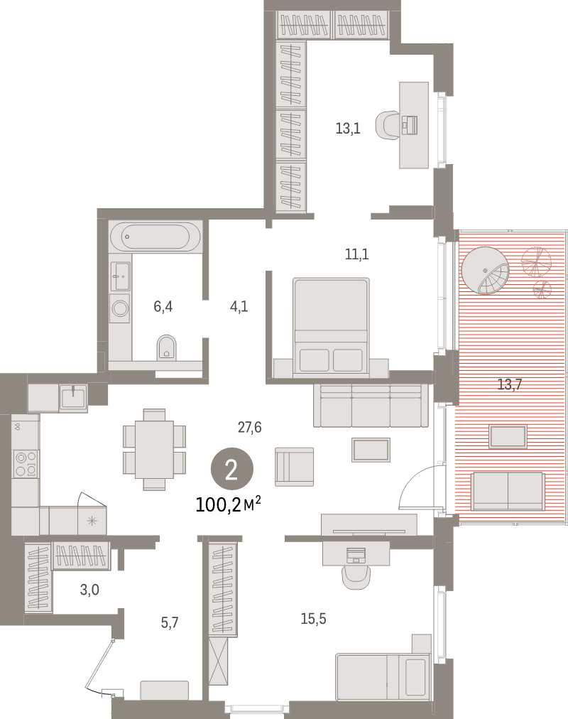 3-комнатная (Евро) квартира, 100.2 м² в ЖК "Брусника в Новоселье" - планировка, фото №1