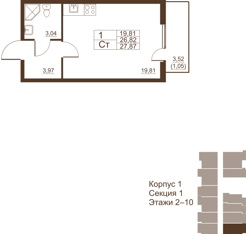 Квартира-студия, 26.62 м² в ЖК "Полёт" - планировка, фото №1