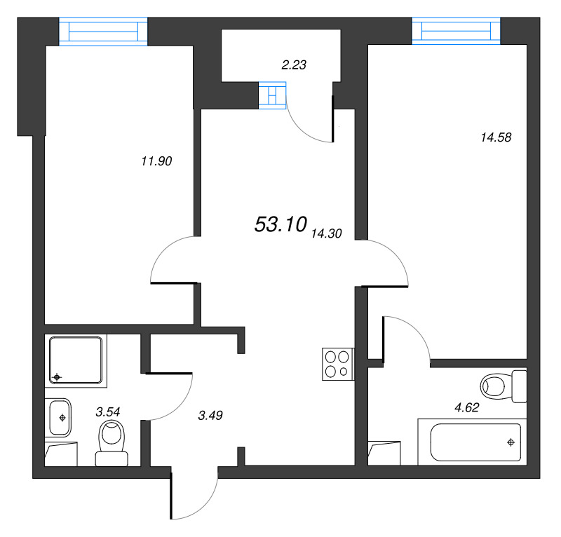 2-комнатная квартира, 53.1 м² в ЖК "Тишин" - планировка, фото №1