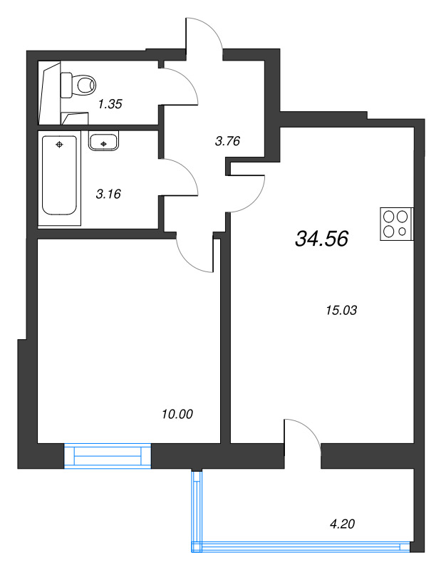 2-комнатная (Евро) квартира, 34.56 м² в ЖК "Аэросити" - планировка, фото №1