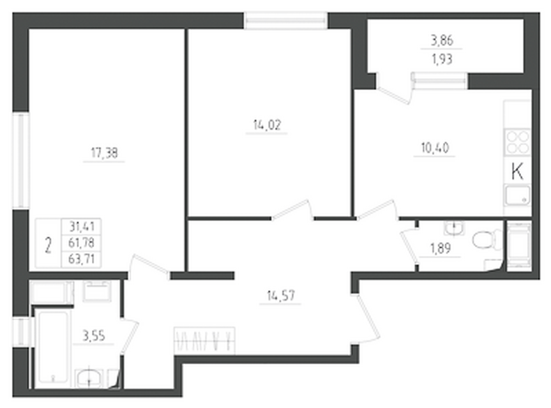 2-комнатная квартира, 63.71 м² - планировка, фото №1