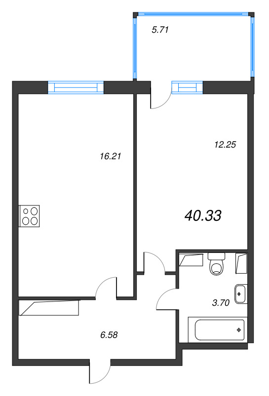2-комнатная (Евро) квартира, 40.33 м² - планировка, фото №1