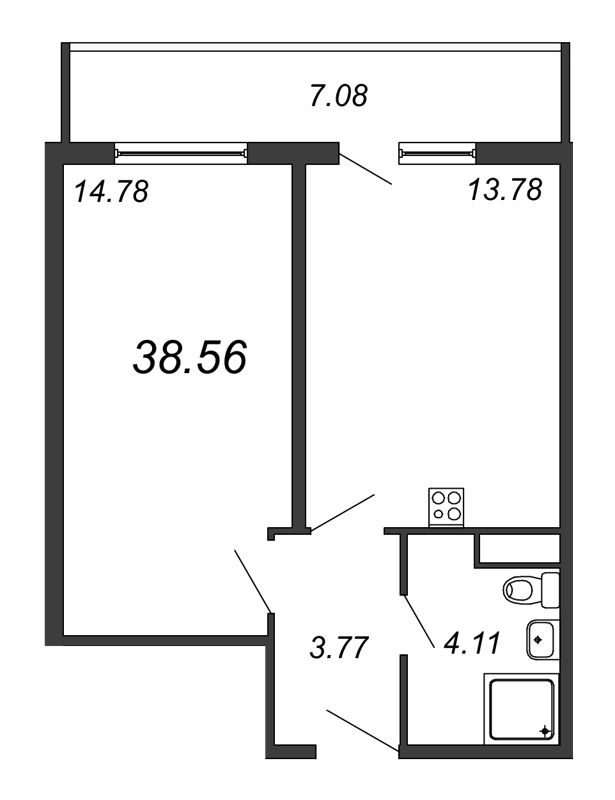 1-комнатная квартира, 38.56 м² - планировка, фото №1
