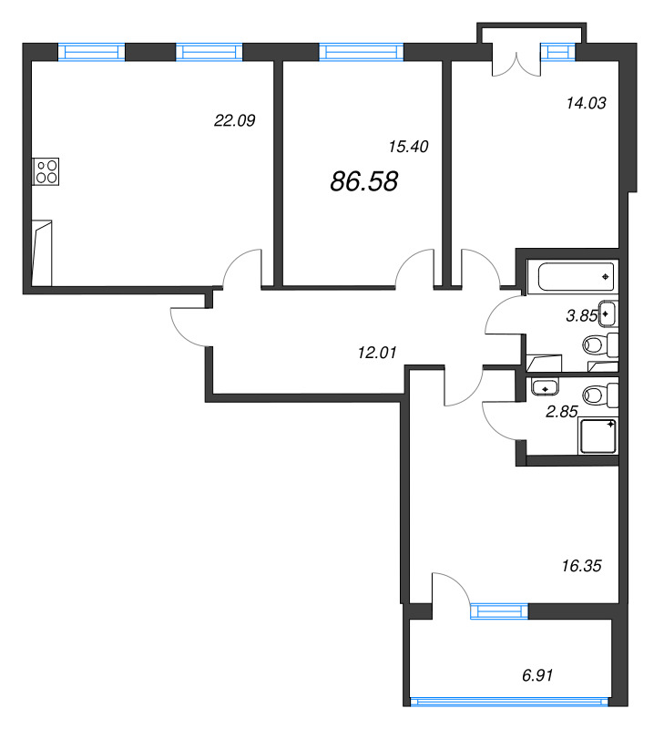 4-комнатная (Евро) квартира, 86.58 м² в ЖК "Любоград" - планировка, фото №1