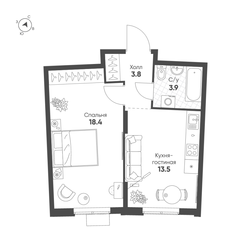 1-комнатная квартира, 39.6 м² в ЖК "Ягодное Река Парк" - планировка, фото №1