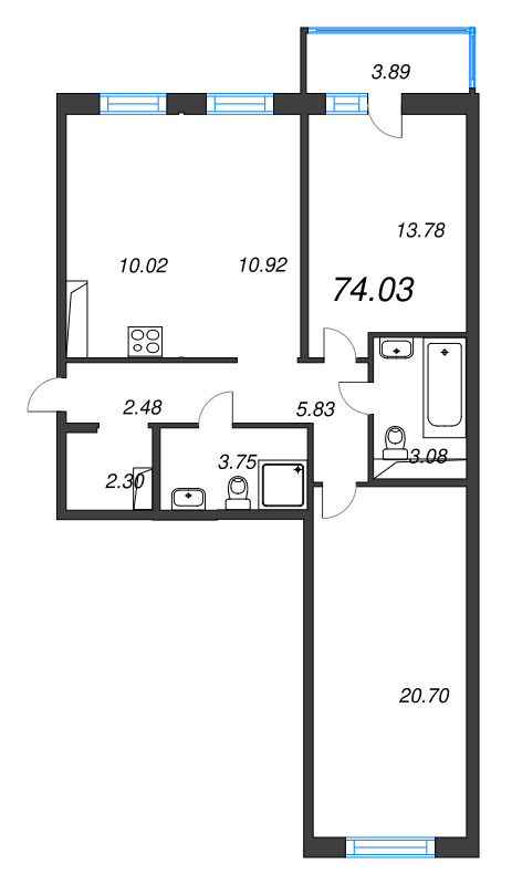 3-комнатная (Евро) квартира, 74.03 м² в ЖК "OKLA" - планировка, фото №1