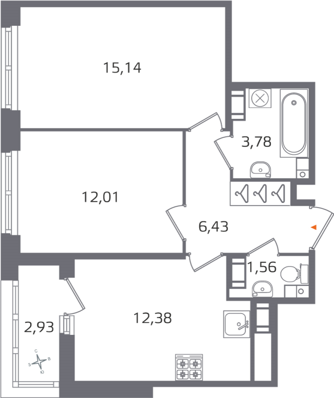 2-комнатная квартира, 51.3 м² в ЖК "Б15" - планировка, фото №1