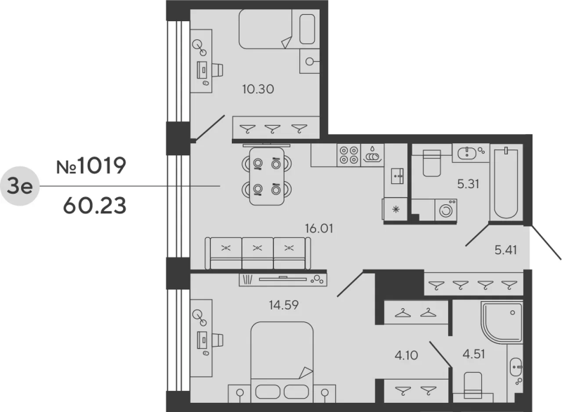 3-комнатная (Евро) квартира, 60.23 м² - планировка, фото №1