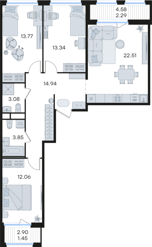 4-комнатная (Евро) квартира, 87.29 м² в ЖК "GloraX Парголово" - планировка, фото №1