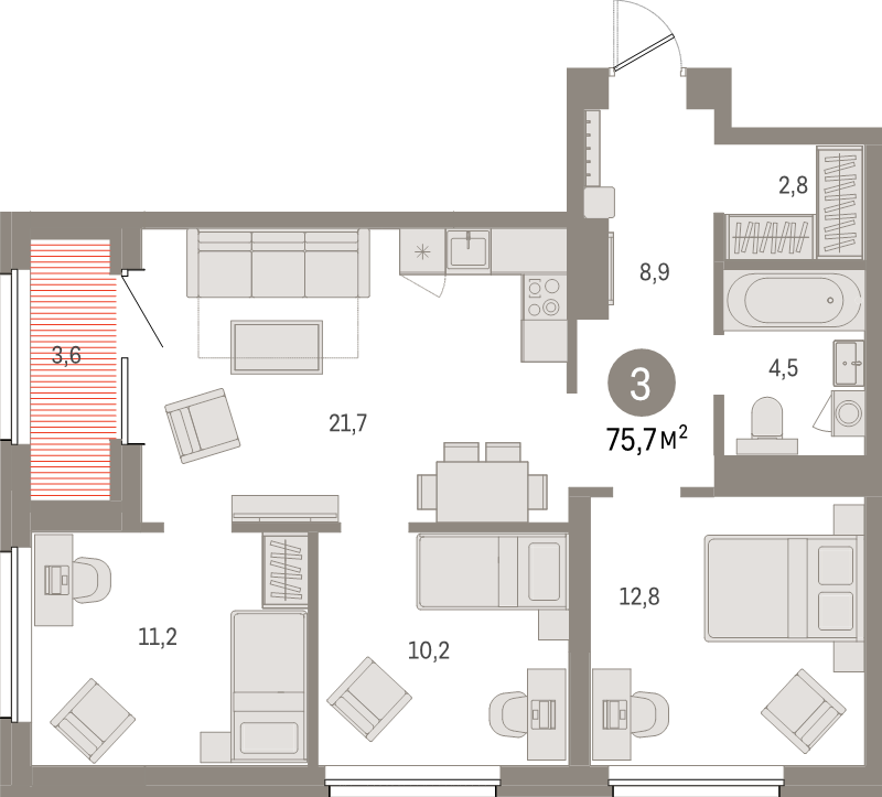 4-комнатная (Евро) квартира, 75.7 м² в ЖК "Северный ветер" - планировка, фото №1