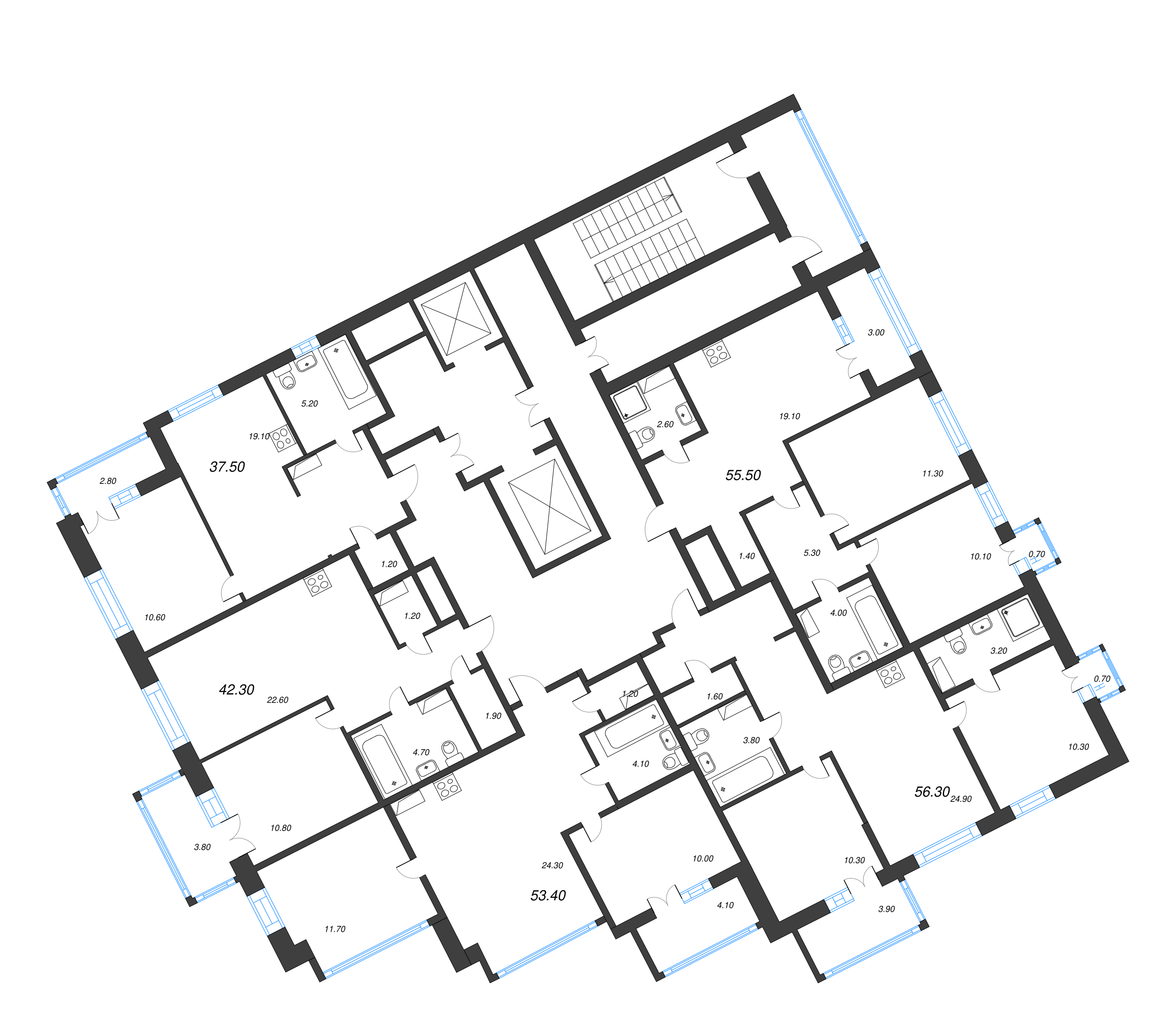 2-комнатная квартира, 56.3 м² - планировка этажа