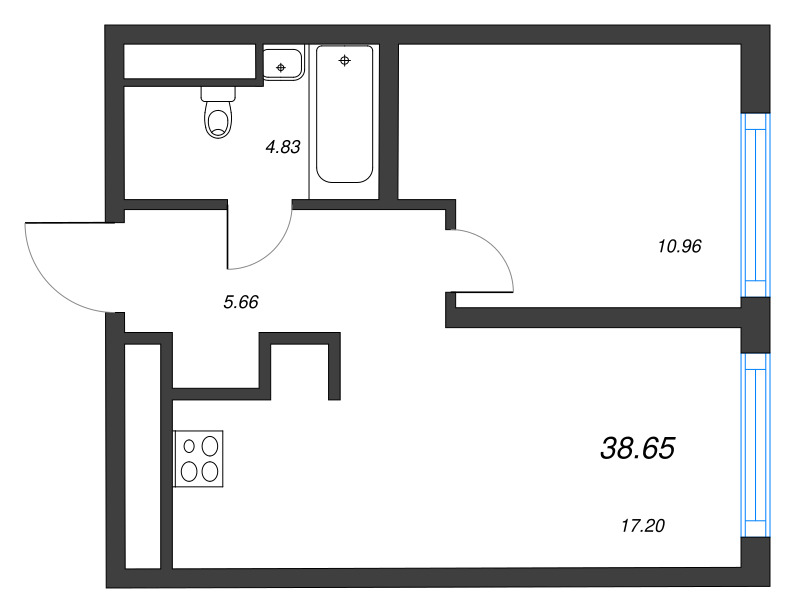 2-комнатная (Евро) квартира, 38.65 м² в ЖК "Legenda Васильевского" - планировка, фото №1