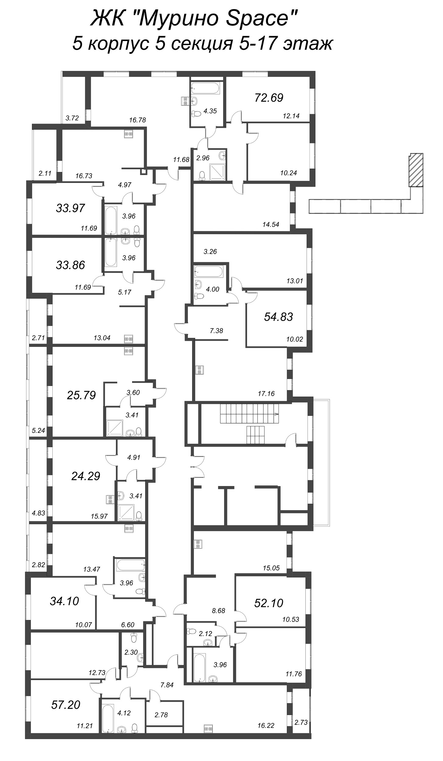 3-комнатная (Евро) квартира, 54.83 м² в ЖК "Мурино Space" - планировка этажа