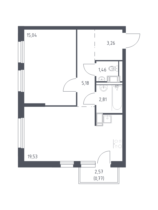 2-комнатная (Евро) квартира, 48.05 м² в ЖК "Квартал Торики" - планировка, фото №1