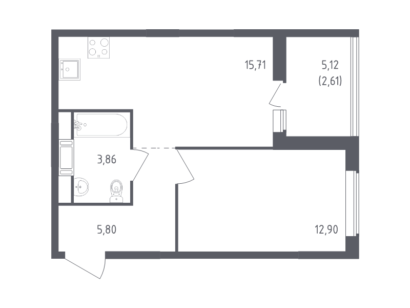 2-комнатная (Евро) квартира, 40.88 м² - планировка, фото №1