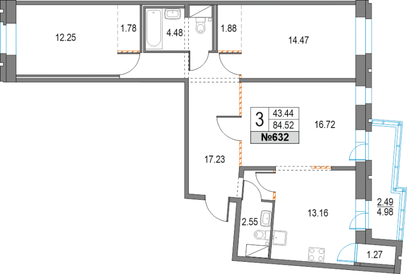 3-комнатная квартира, 84.52 м² - планировка, фото №1