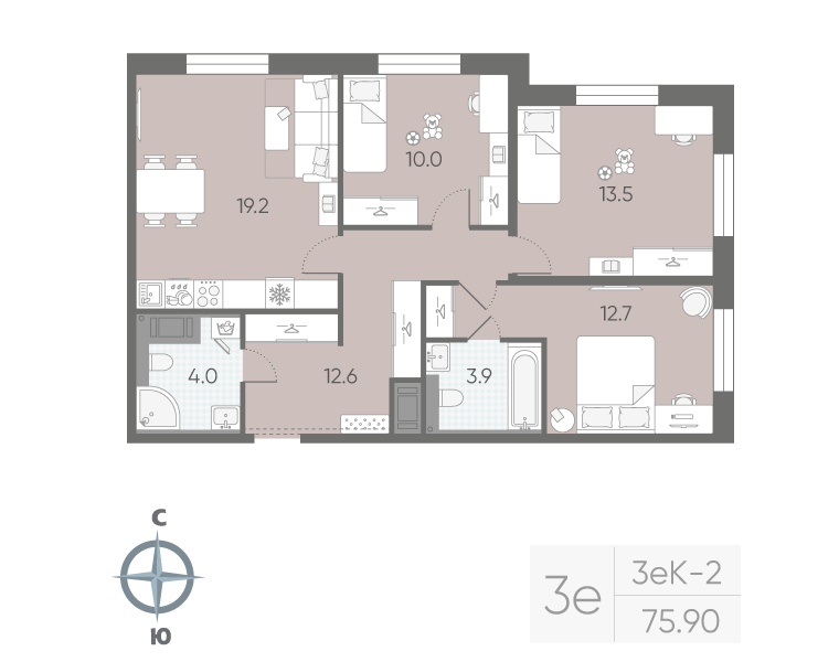 4-комнатная (Евро) квартира, 75.9 м² в ЖК "Большая Охта" - планировка, фото №1