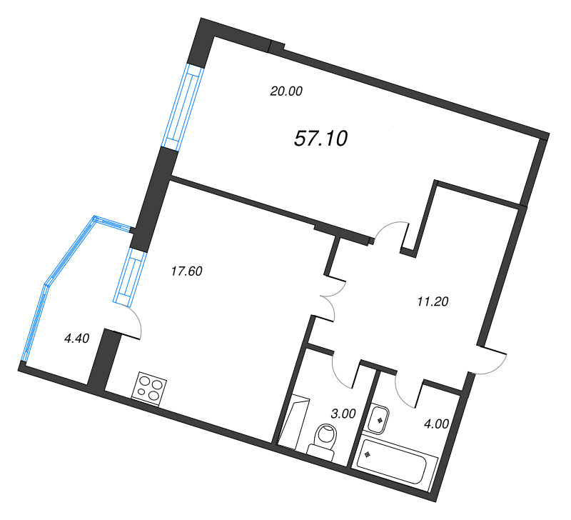 1-комнатная квартира, 57.1 м² - планировка, фото №1