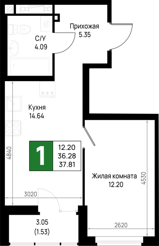1-комнатная квартира, 37.81 м² в ЖК "Имена" - планировка, фото №1