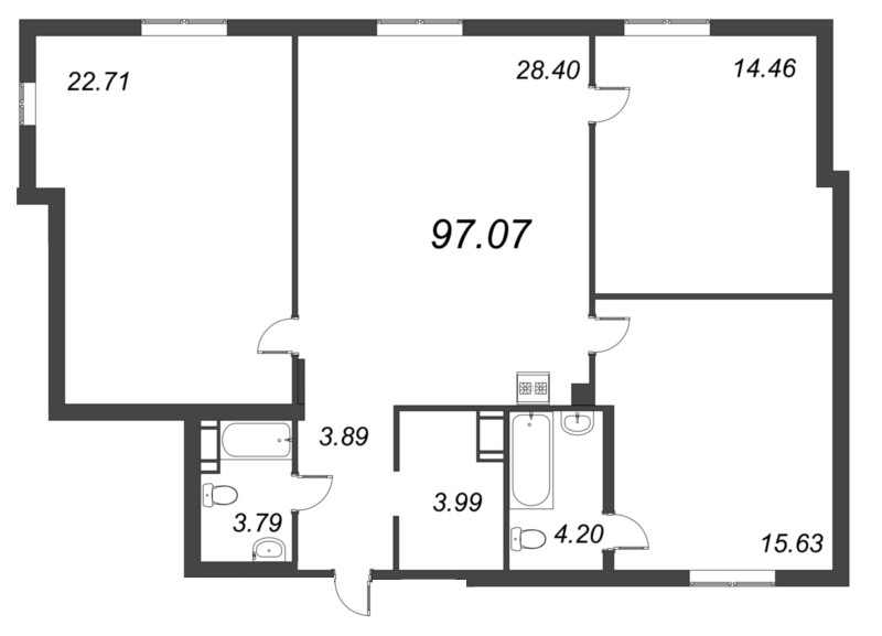 4-комнатная (Евро) квартира, 97.07 м² в ЖК "ID Moskovskiy" - планировка, фото №1