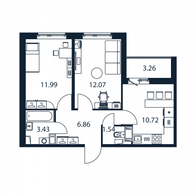 2-комнатная квартира, 46.61 м² - планировка, фото №1