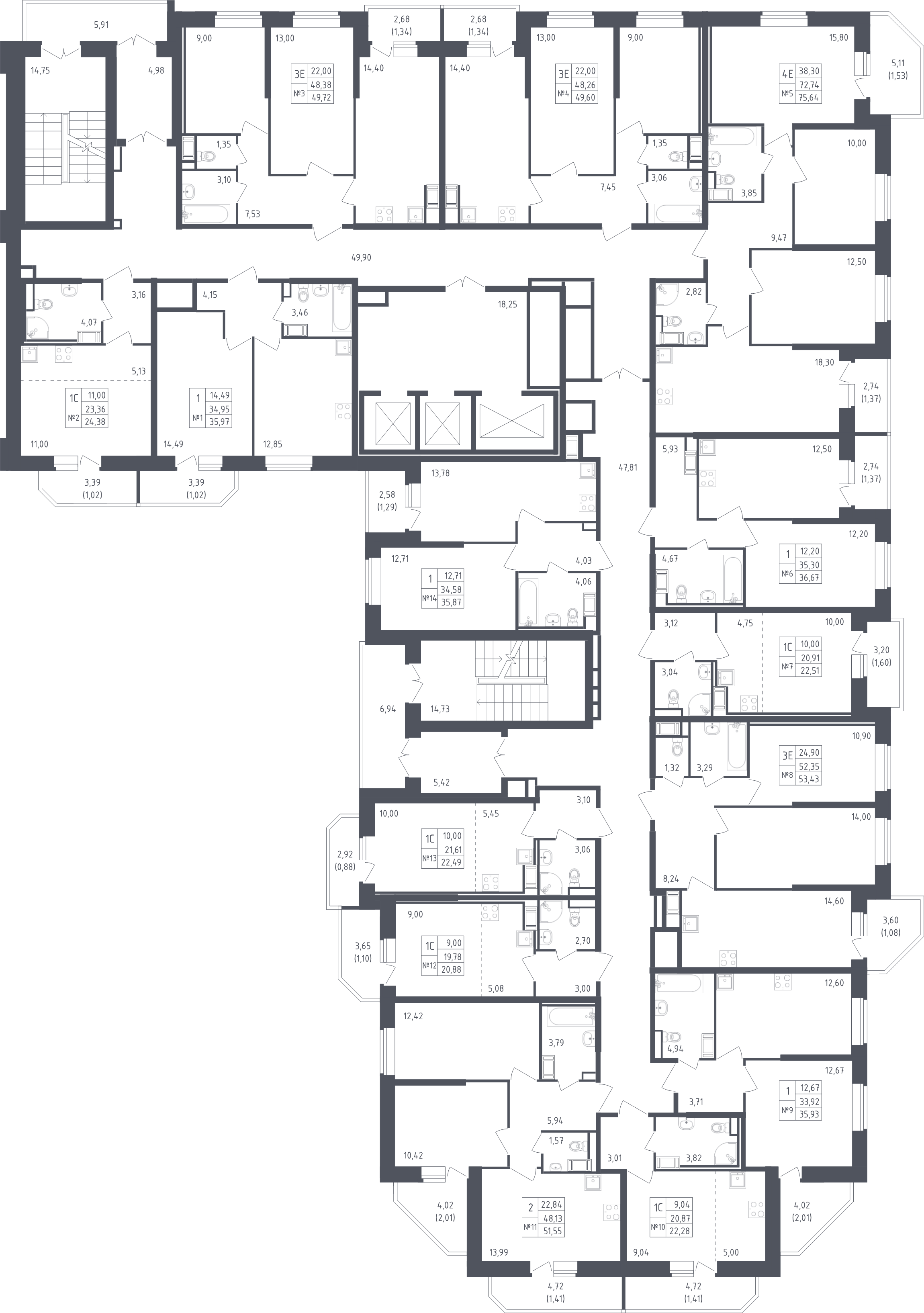 1-комнатная квартира, 35.93 м² - планировка этажа