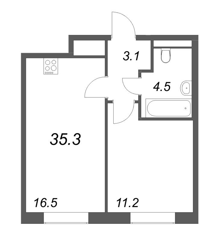 2-комнатная (Евро) квартира, 35.3 м² в ЖК "Большая Охта" - планировка, фото №1