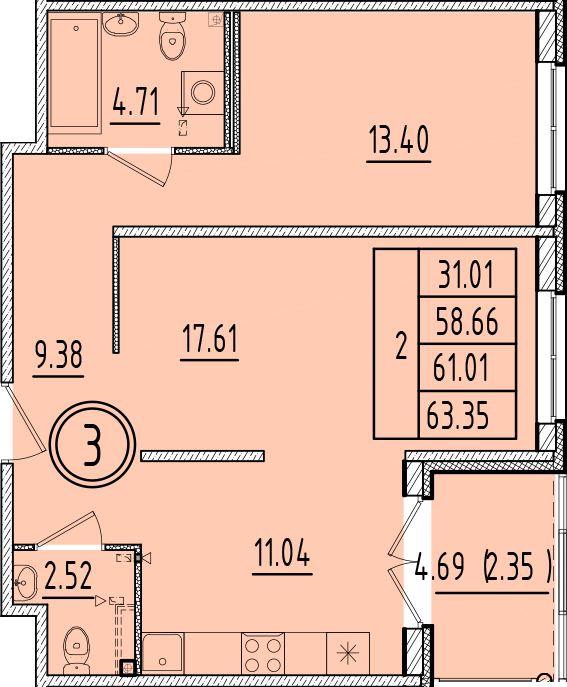 2-комнатная квартира, 58.66 м² в ЖК "Образцовый квартал 6.4" - планировка, фото №1