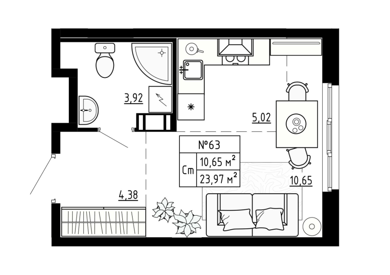 Квартира-студия, 23.97 м² - планировка, фото №1