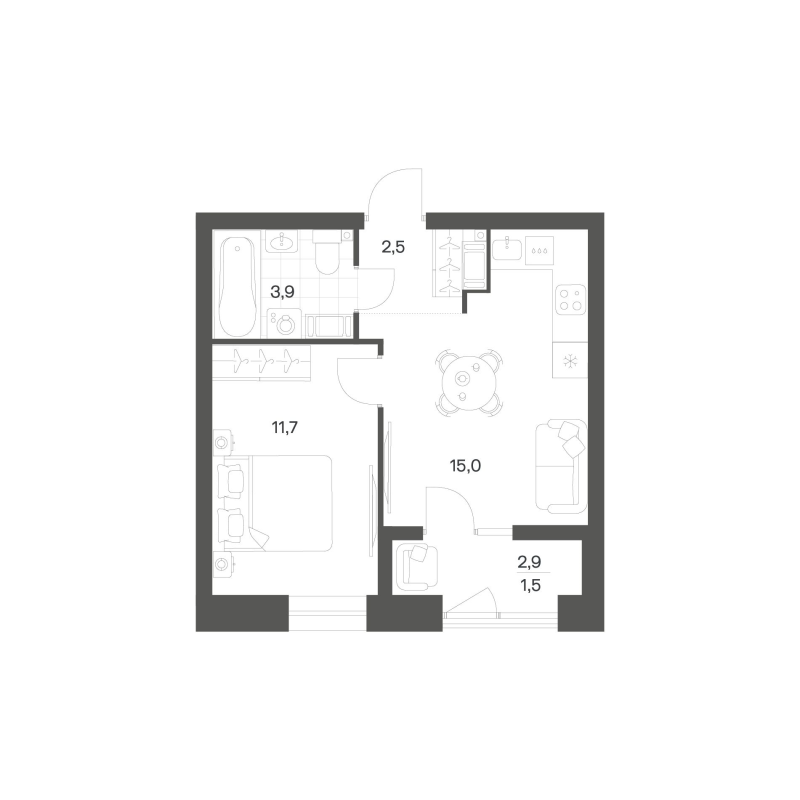 2-комнатная (Евро) квартира, 34.52 м² в ЖК "Новый Питер" - планировка, фото №1