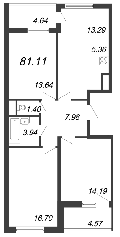 4-комнатная (Евро) квартира, 79.9 м² - планировка, фото №1