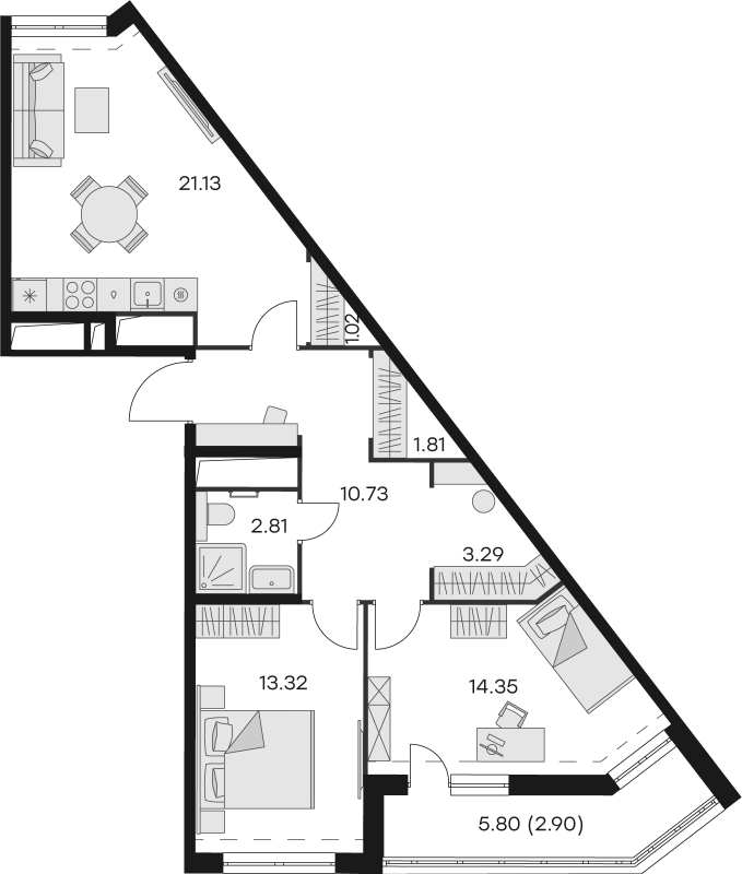 2-комнатная квартира, 71.36 м² - планировка, фото №1