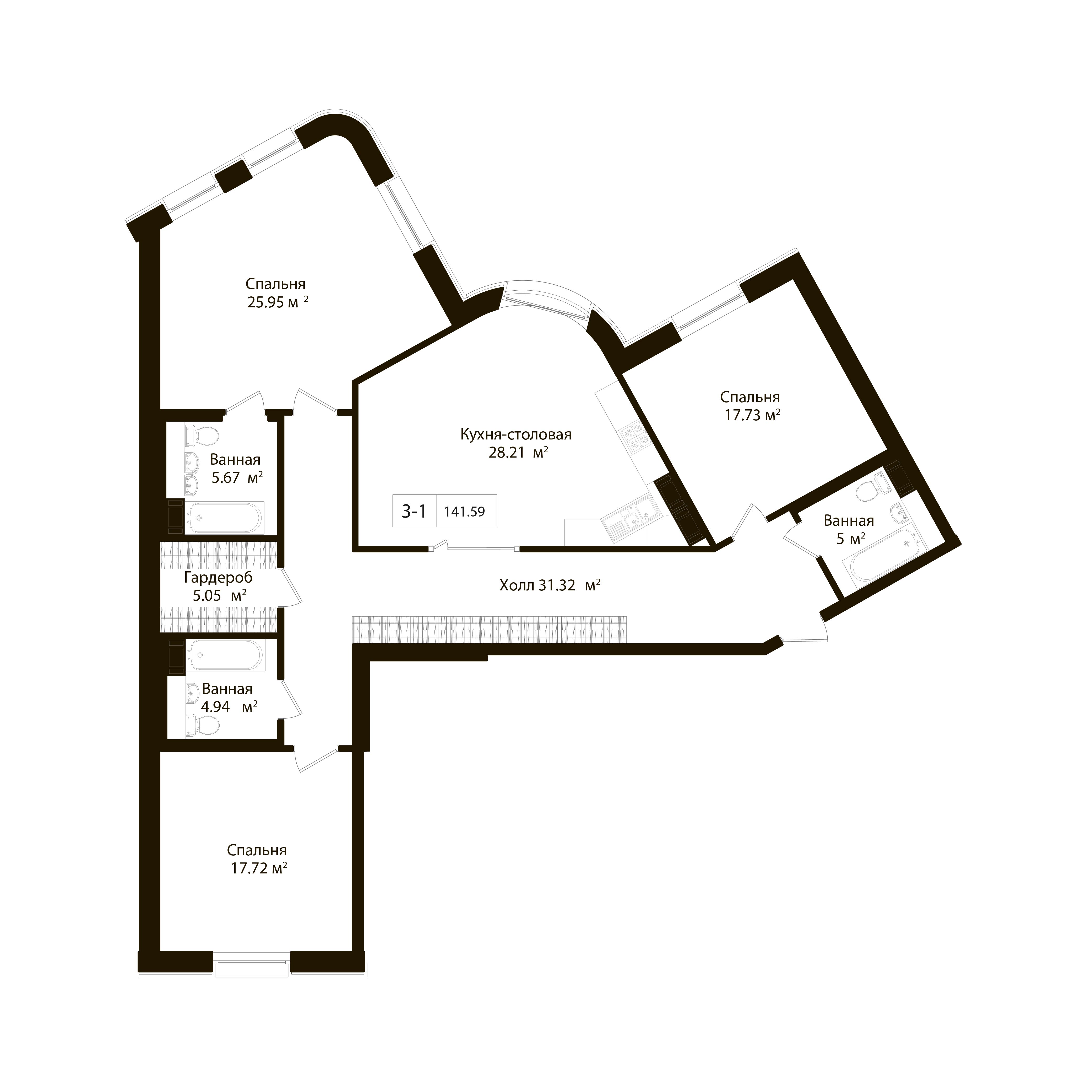 3-комнатная квартира, 144 м² - планировка, фото №1