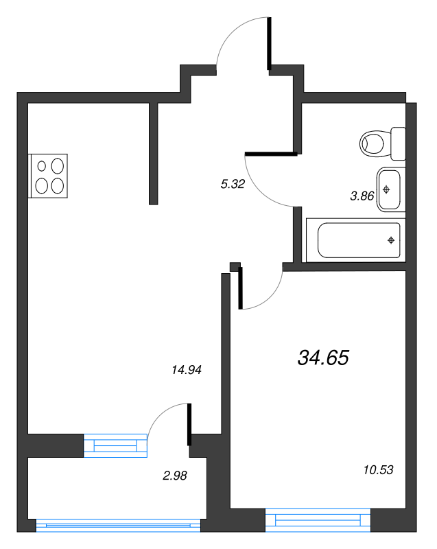 2-комнатная (Евро) квартира, 34.65 м² в ЖК "Город Первых" - планировка, фото №1