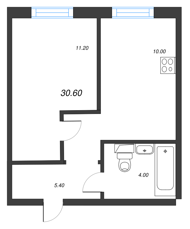 1-комнатная квартира, 30.6 м² - планировка, фото №1