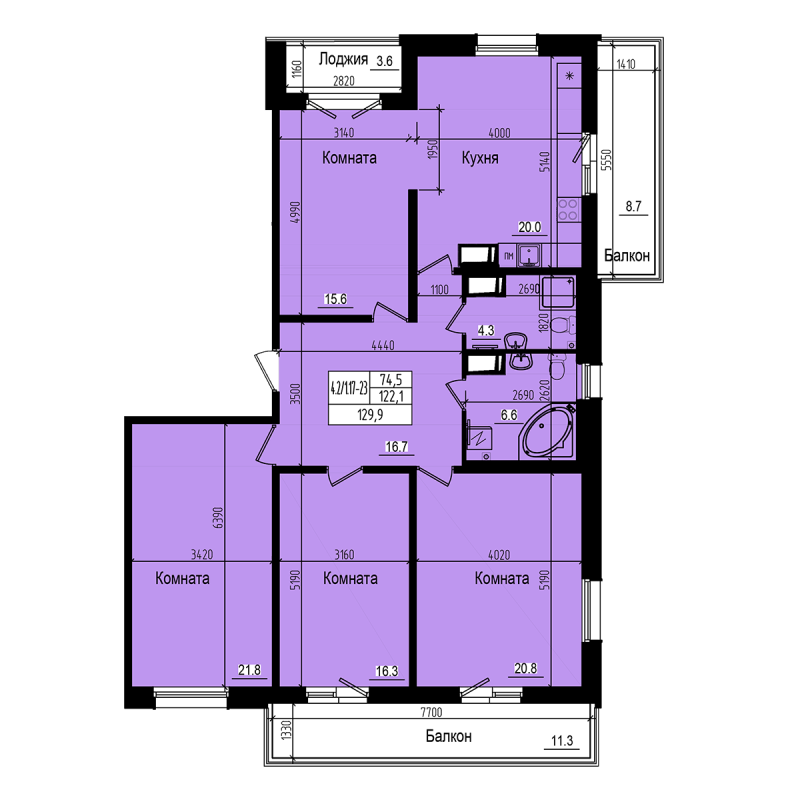 5-комнатная (Евро) квартира, 129.9 м² - планировка, фото №1