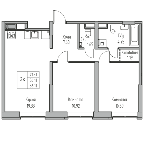 3-комнатная (Евро) квартира, 56.11 м² в ЖК "Юнтолово" - планировка, фото №1