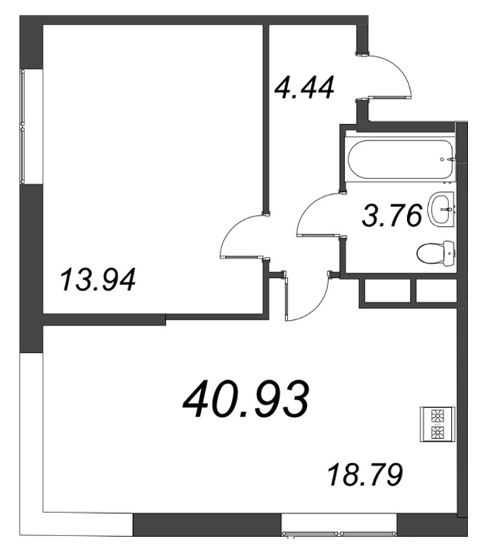 2-комнатная (Евро) квартира, 40.93 м² - планировка, фото №1