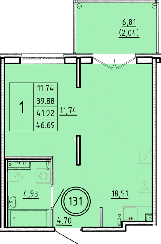 2-комнатная (Евро) квартира, 39.88 м² - планировка, фото №1